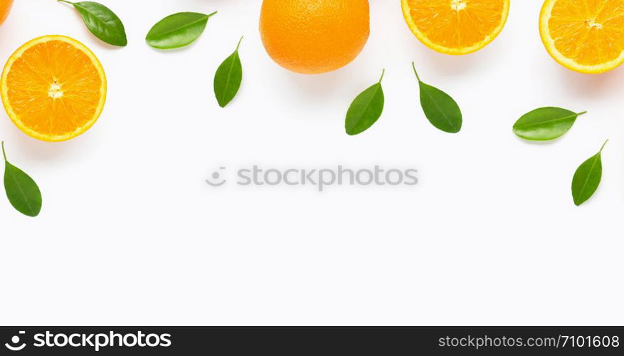 Fresh orange citrus fruit with leaves isolated on white background. Juicy and sweet with copy space