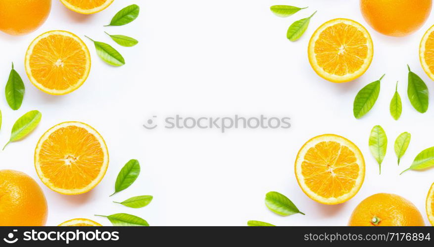 Fresh orange citrus fruit with leaves isolated on white background. Juicy and sweet with copy space