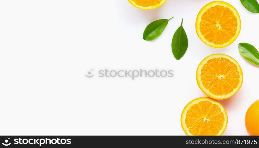 Fresh orange citrus fruit with leaves isolated on white background. Juicy and sweet with copy space
