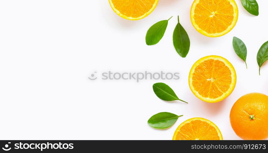 Fresh orange citrus fruit with leaves isolated on white background. Juicy and sweet with copy space