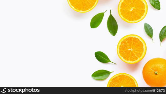 Fresh orange citrus fruit with leaves isolated on white background. Juicy and sweet with copy space