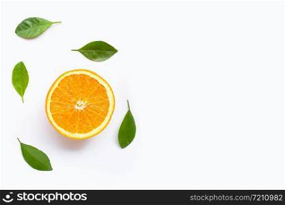 Fresh orange citrus fruit with leaves isolated on white background. Copy space