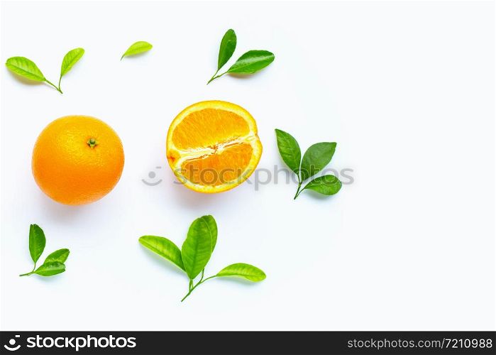 Fresh orange citrus fruit with leaves isolated on white background. Copy space