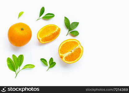 Fresh orange citrus fruit with leaves isolated on white background. Copy space