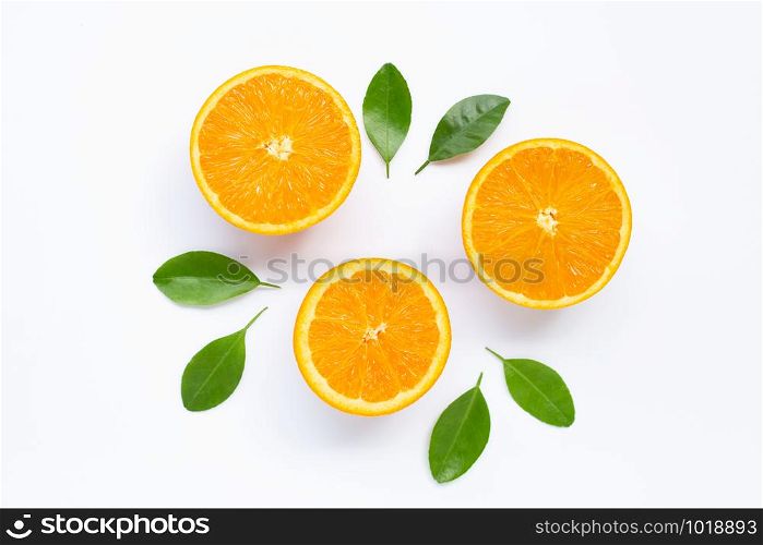 Fresh orange citrus fruit with leaves isolated on white background. Juicy and sweet