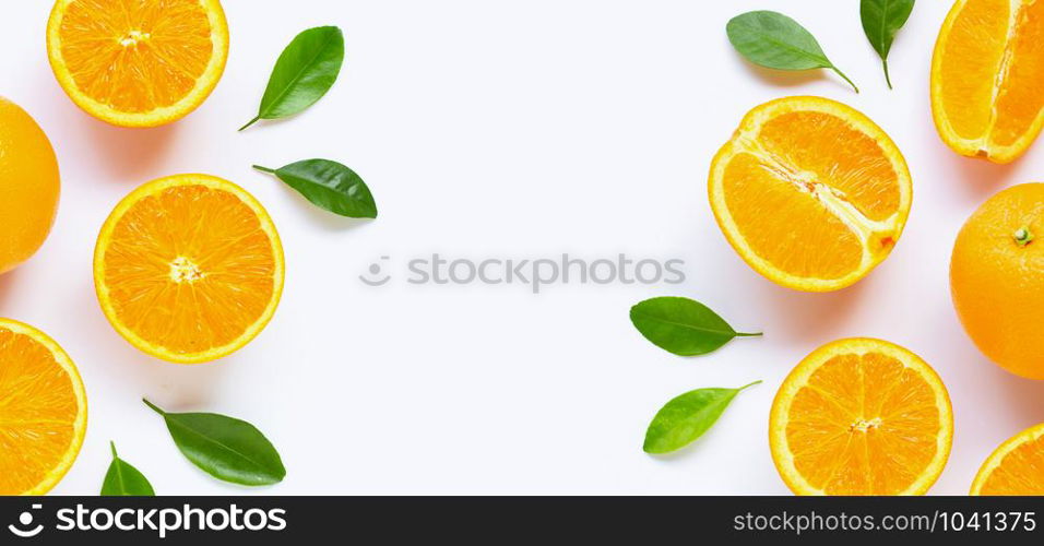 Fresh orange citrus fruit with leaves isolated on white background. Juicy and sweet