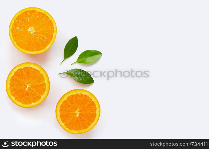 Fresh orange citrus fruit with leaves isolated on white background. Juicy and sweet