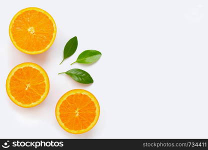 Fresh orange citrus fruit with leaves isolated on white background. Juicy and sweet