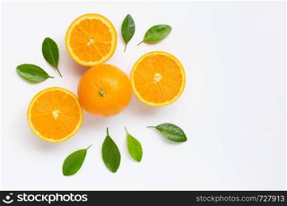 Fresh orange citrus fruit with leaves isolated on white background. Juicy and sweet. Copy space