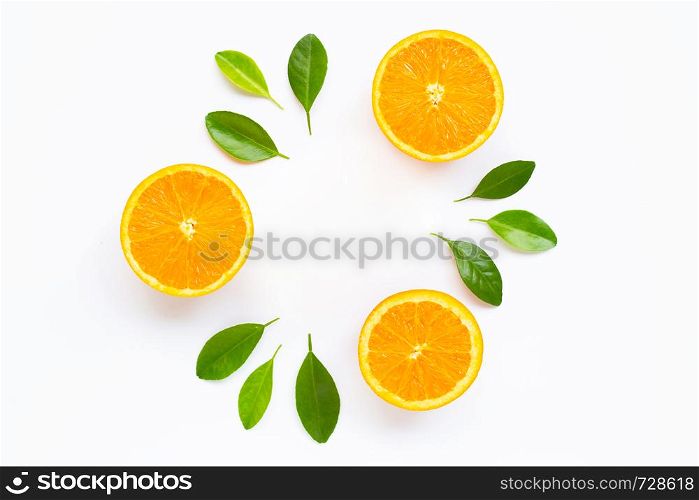 Fresh orange citrus fruit with leaves isolated on white background. Juicy and sweet. Copy space