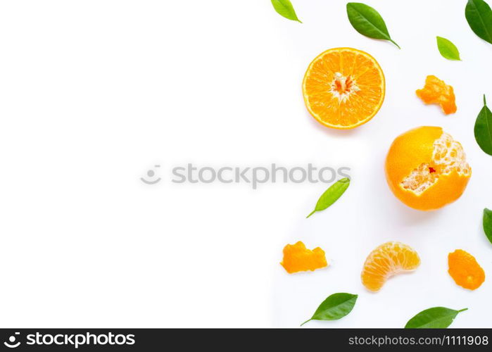 Fresh orange citrus fruit with leaves on white background. Juicy, sweet and high vitamin C