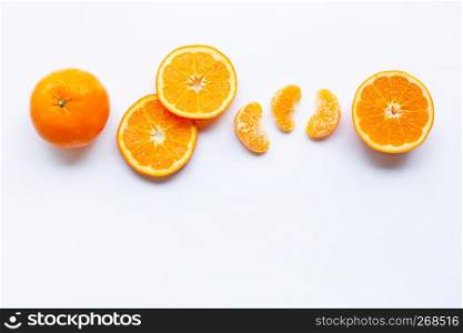 Fresh orange citrus fruits on white background. Copy space