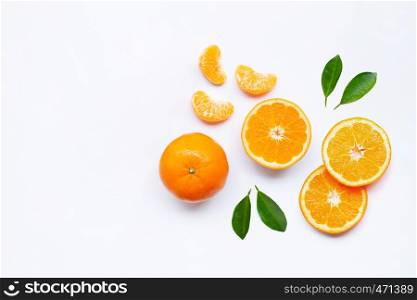 Fresh orange citrus fruits on white background. Copy space