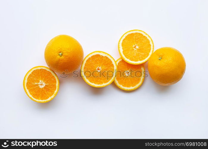 Fresh orange citrus fruits on white background. Copy space