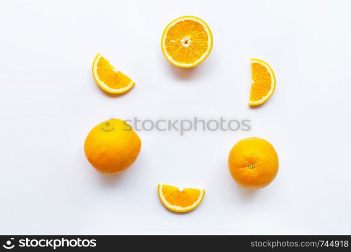 Fresh orange citrus fruits on white background. Copy space