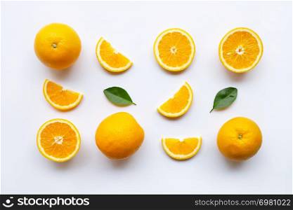 Fresh orange citrus fruits with leaves on white background