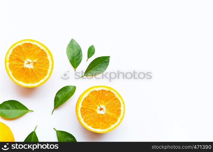 Fresh orange citrus fruits with leaves on white background. Copy space