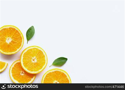 Fresh orange citrus fruits with leaves on white background. Copy space