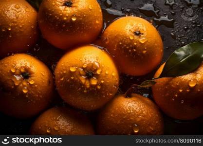 fresh orange fruits with leaves as background, top view. Neural network AI generated art. fresh orange fruits with leaves as background, top view. Neural network AI generated