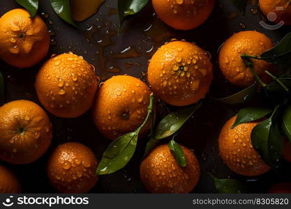 fresh orange fruits with leaves as background, top view. Neural network AI generated art. fresh orange fruits with leaves as background, top view. Neural network AI generated