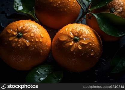 fresh orange fruits with leaves as background, top view. Neural network AI generated art. fresh orange fruits with leaves as background, top view. Neural network AI generated