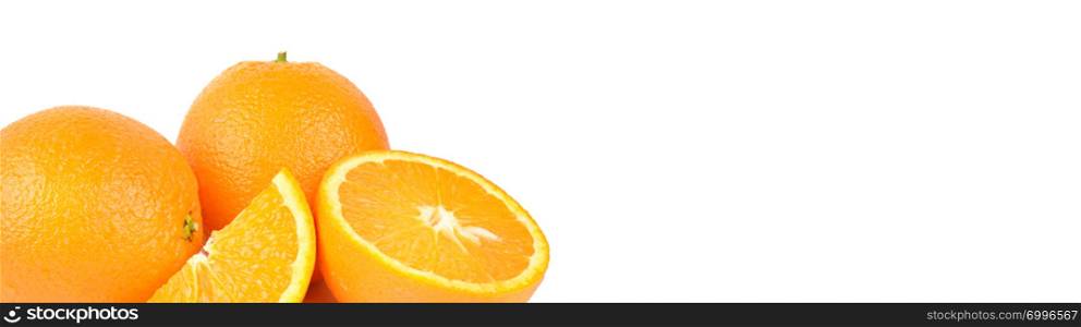 Fresh orange isolated on white background. Wide photo. Free space for text.