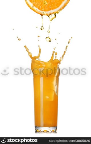 fresh orange juice splash in the glass isolated on white