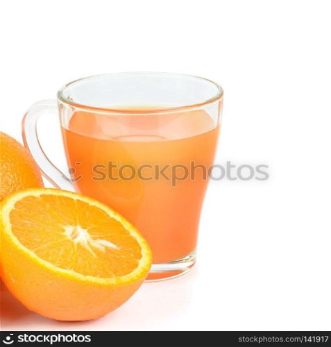 Fresh orange juice with fruits, isolated on white background. Free space for text.