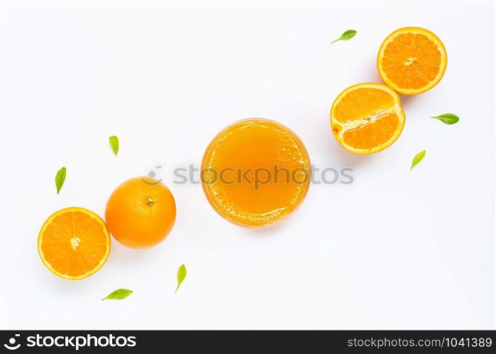 Fresh orange juice with orange fruit on white background. Top view