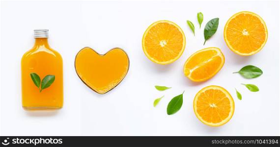 Fresh orange juice with orange fruit on white background. Top view