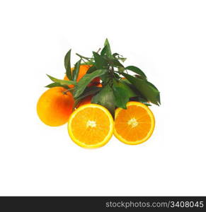 fresh orange with green leaves isolated over white