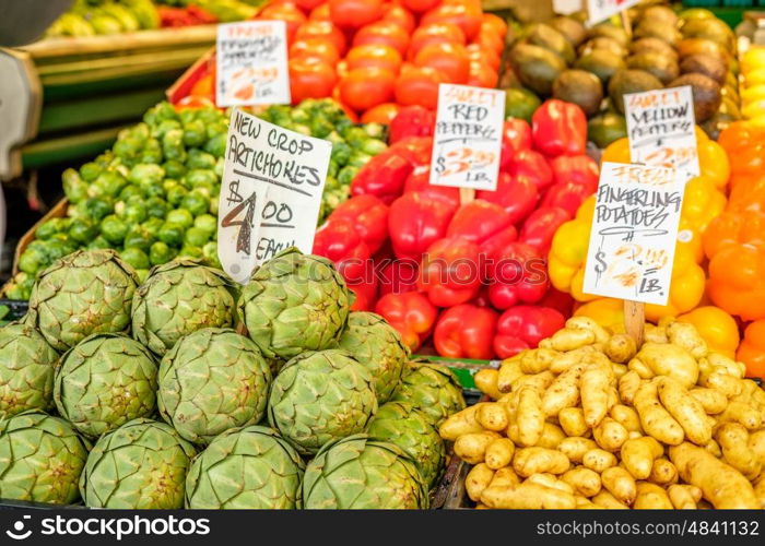 Fresh organic fruits and vegetables at farmers marketplace