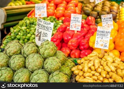 Fresh organic fruits and vegetables at farmers marketplace