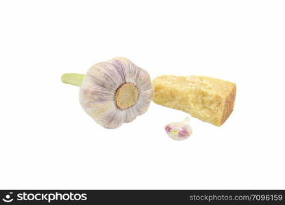 Fresh organic garlic on white background, isolated. Fresh garlic and cheese on white background