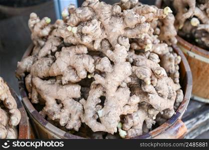Fresh organic ginger on fresh market in thailand, fresh ginger plant farm harvest ginger root on field agricultural for sold in the market
