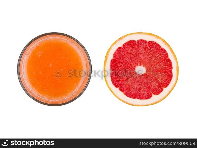 Fresh organic grapefruit juice glass top view on white background