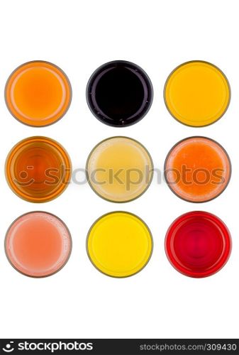 Fresh organic juice glasses top view mix on white background