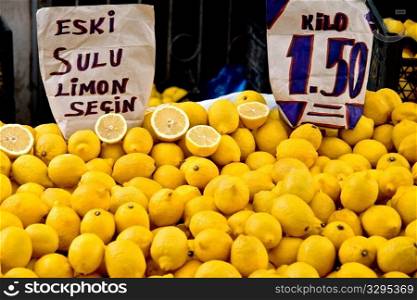 Fresh Organic Lemons At A Street Market In Istanbul, Turkey. Carsamba Fatih Pazari (Bazaar)