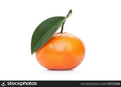 Fresh organic mandarin tangerine fruit with leaves on white background