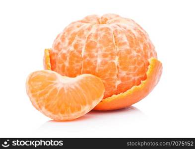 Fresh organic mandarins tangerines fruits with peeled halves on white background