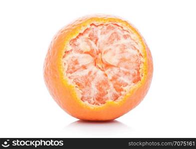 Fresh organic mandarins tangerines fruits with peeled halves on white background
