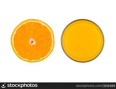 Fresh organic orange fruit juice glass top view on white background