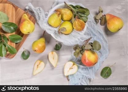 Fresh organic pears. Fruit background. Pear autumn harvest.