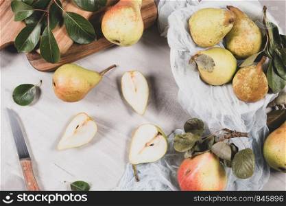 Fresh organic pears. Fruit background. Pear autumn harvest.