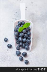 Fresh organic raw blueberries in white scoop spoon with leaf on stone kitchen background
