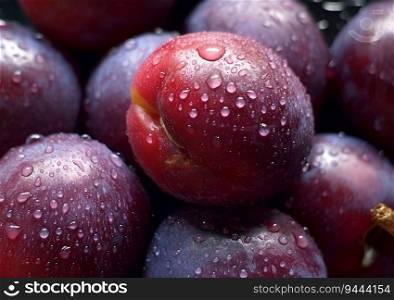 Fresh organic ripe plums with water drops.Macro.AI Generative