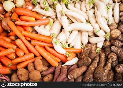 Fresh organic vegetables and fruits at asian food market