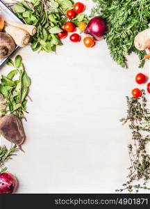 Fresh organic vegetables food background on white wooden , top view, frame