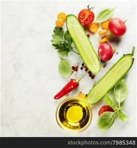 Fresh organic vegetables on rustic background. Healthy food. Vegetarian eating. Fresh harvest from the garden. Background layout with free text space.