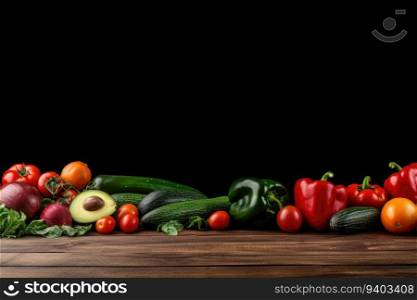 Fresh organic vegetables on wooden table against black background. Space for text